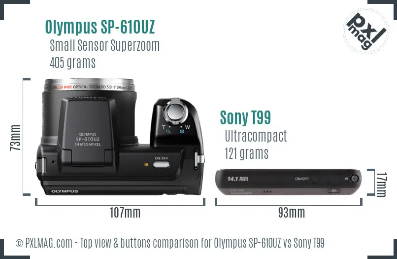 Olympus SP-610UZ vs Sony T99 top view buttons comparison