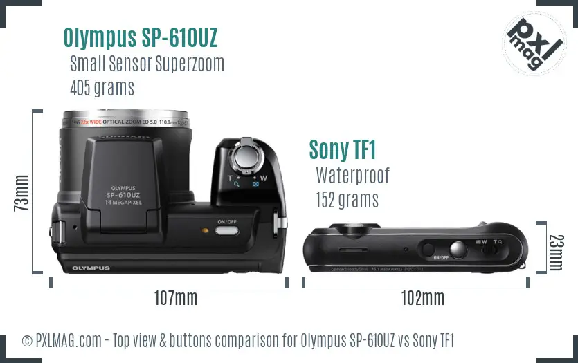 Olympus SP-610UZ vs Sony TF1 top view buttons comparison