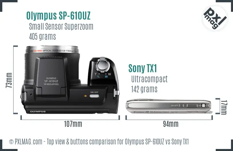 Olympus SP-610UZ vs Sony TX1 top view buttons comparison