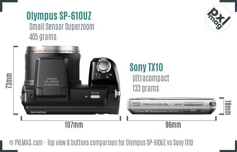 Olympus SP-610UZ vs Sony TX10 top view buttons comparison