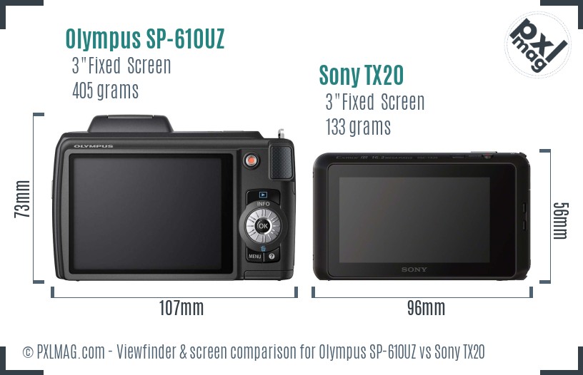 Olympus SP-610UZ vs Sony TX20 Screen and Viewfinder comparison