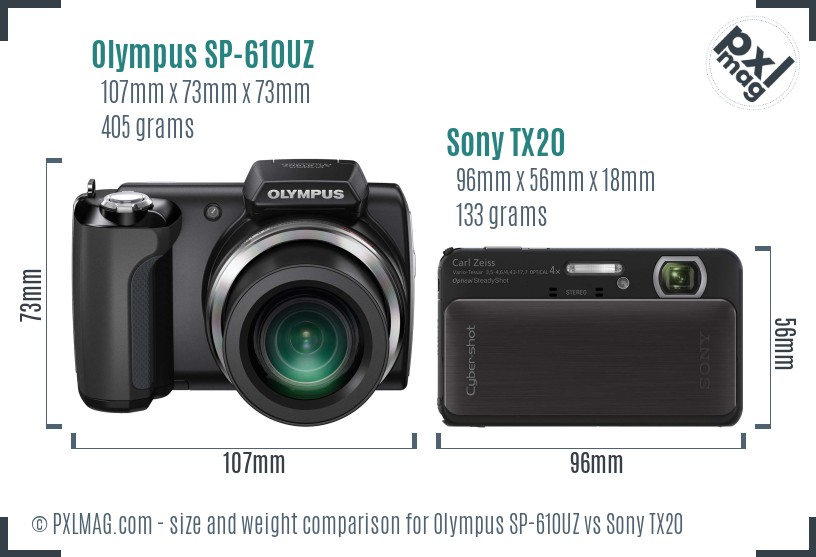 Olympus SP-610UZ vs Sony TX20 size comparison