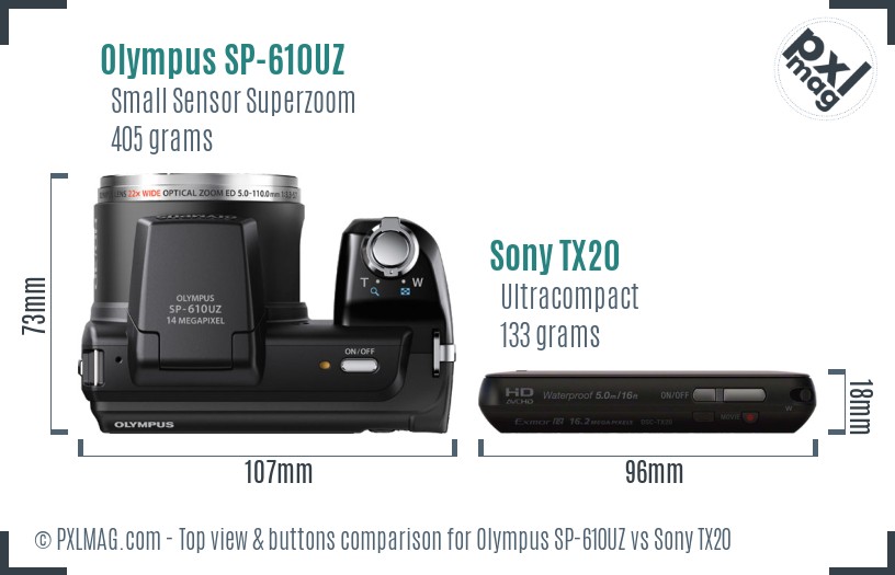 Olympus SP-610UZ vs Sony TX20 top view buttons comparison