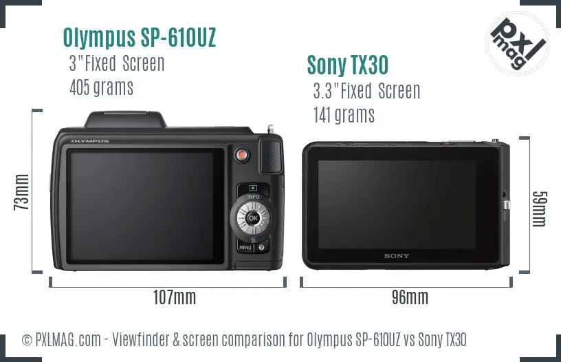 Olympus SP-610UZ vs Sony TX30 Screen and Viewfinder comparison