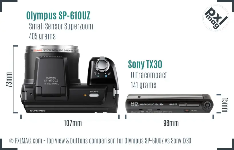 Olympus SP-610UZ vs Sony TX30 top view buttons comparison