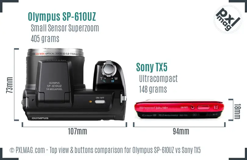 Olympus SP-610UZ vs Sony TX5 top view buttons comparison