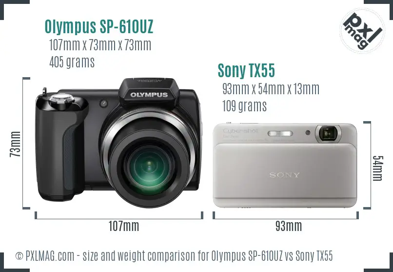 Olympus SP-610UZ vs Sony TX55 size comparison