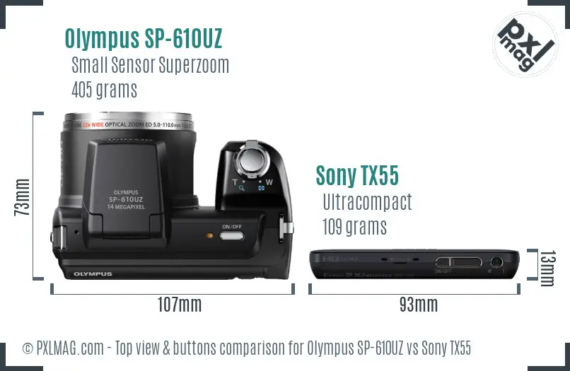 Olympus SP-610UZ vs Sony TX55 top view buttons comparison