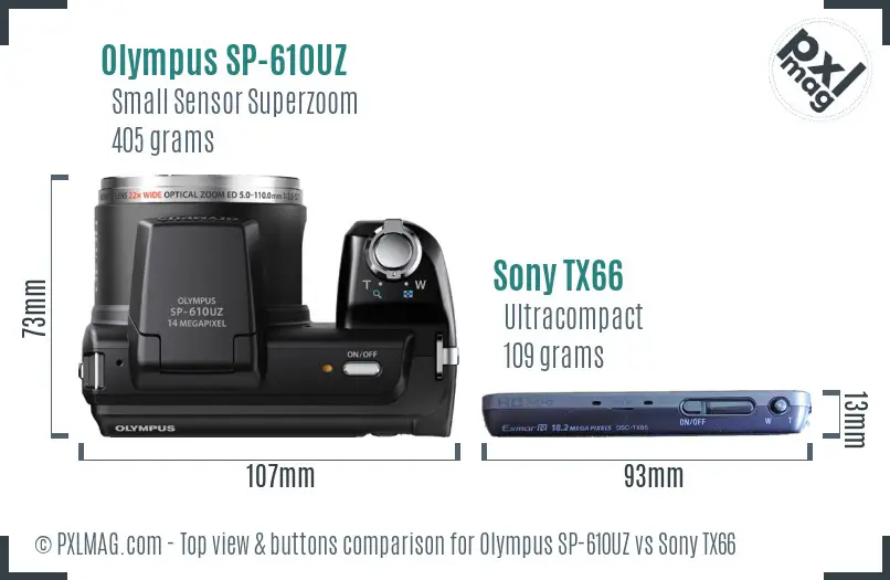 Olympus SP-610UZ vs Sony TX66 top view buttons comparison