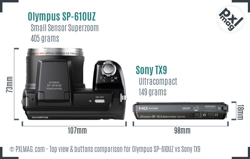 Olympus SP-610UZ vs Sony TX9 top view buttons comparison
