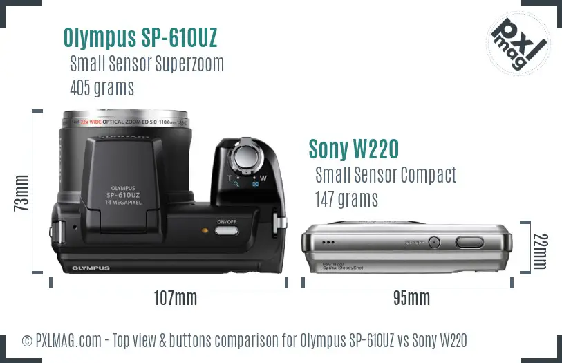 Olympus SP-610UZ vs Sony W220 top view buttons comparison Olympus SP-610UZ vs Sony W220 top view buttons comparison