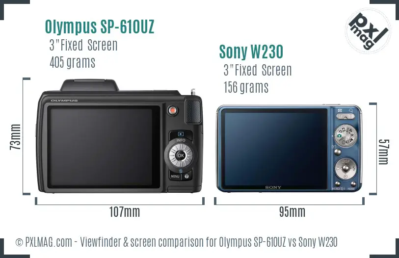 Olympus SP-610UZ vs Sony W230 Screen and Viewfinder comparison