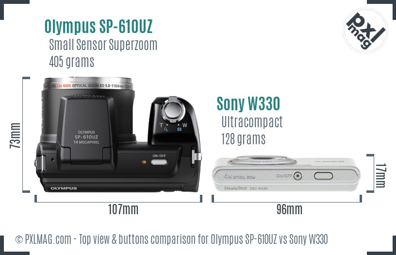 Olympus SP-610UZ vs Sony W330 top view buttons comparison