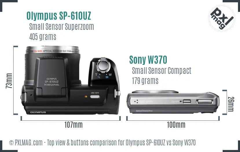 Olympus SP-610UZ vs Sony W370 top view buttons comparison