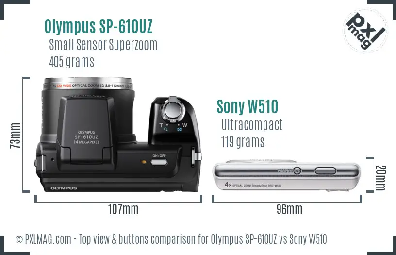 Olympus SP-610UZ vs Sony W510 top view buttons comparison