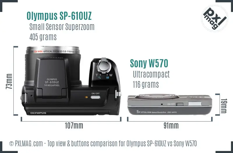 Olympus SP-610UZ vs Sony W570 top view buttons comparison