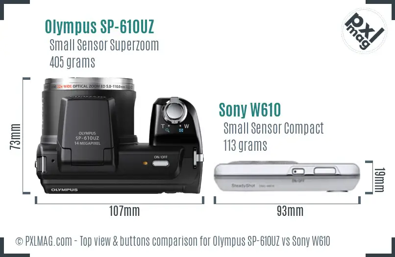 Olympus SP-610UZ vs Sony W610 top view buttons comparison