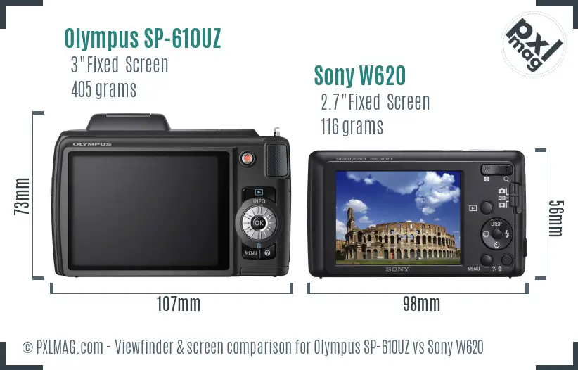 Olympus SP-610UZ vs Sony W620 Screen and Viewfinder comparison