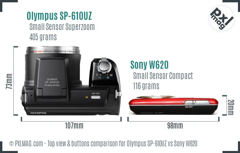 Olympus SP-610UZ vs Sony W620 top view buttons comparison