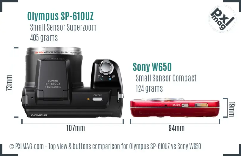 Olympus SP-610UZ vs Sony W650 top view buttons comparison