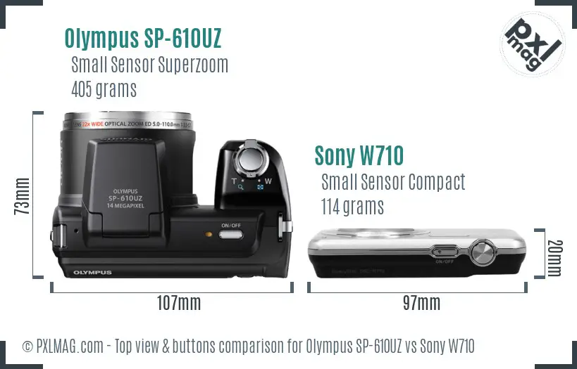 Olympus SP-610UZ vs Sony W710 top view buttons comparison