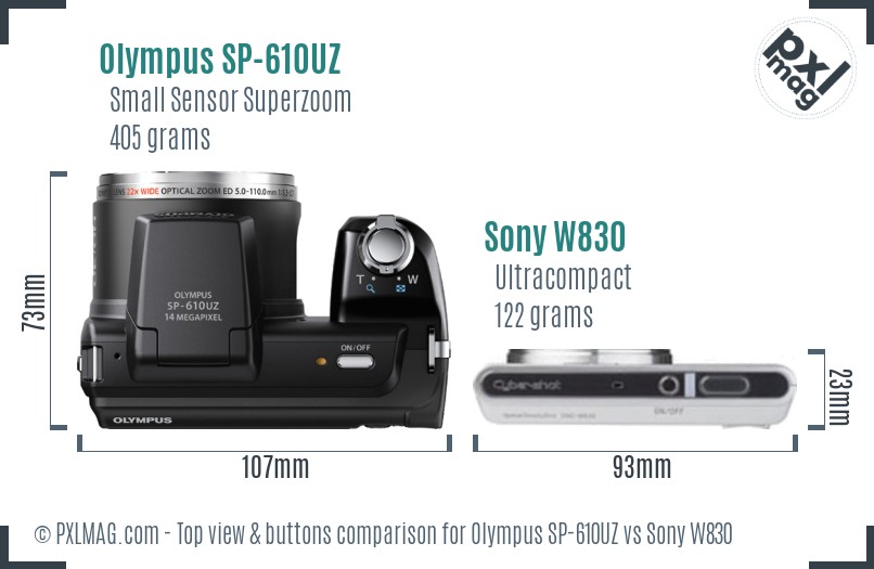 Olympus SP-610UZ vs Sony W830 top view buttons comparison