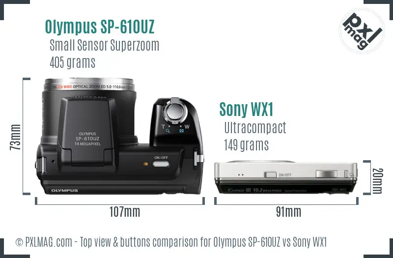 Olympus SP-610UZ vs Sony WX1 top view buttons comparison Olympus SP-610UZ vs Sony WX1 top view buttons comparison