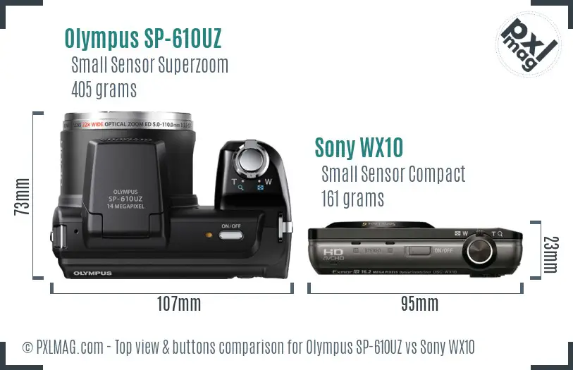 Olympus SP-610UZ vs Sony WX10 top view buttons comparison