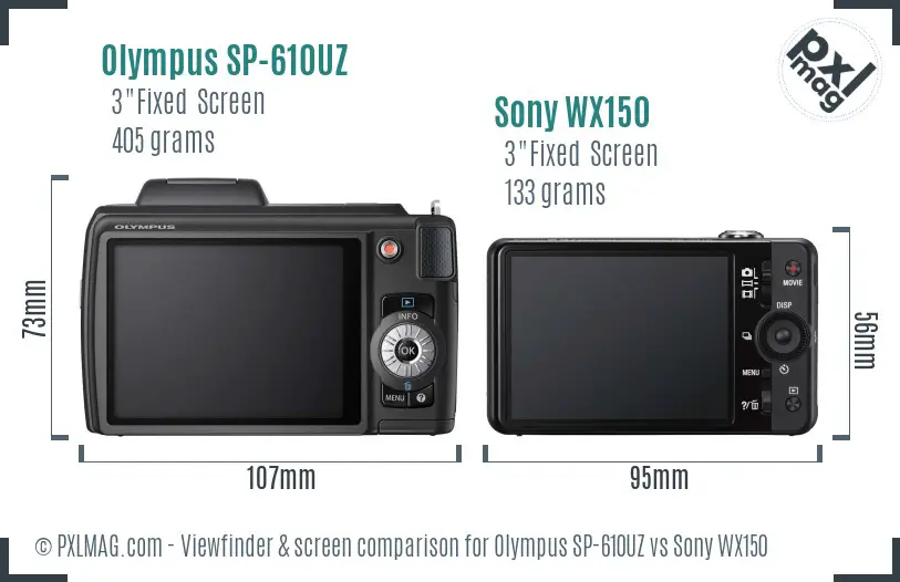 Olympus SP-610UZ vs Sony WX150 Screen and Viewfinder comparison