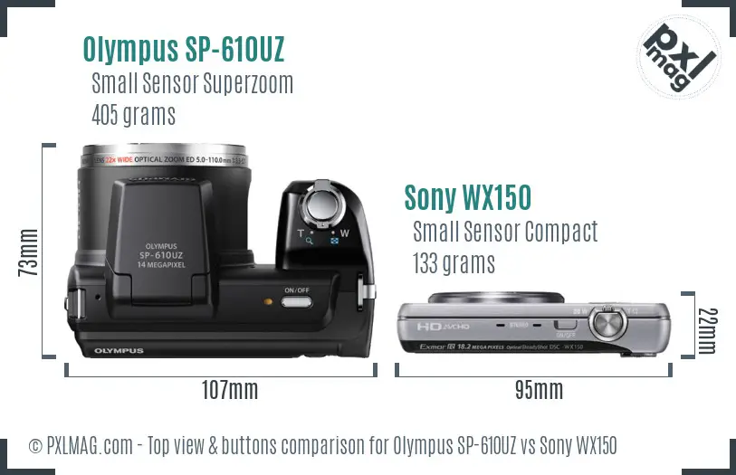 Olympus SP-610UZ vs Sony WX150 top view buttons comparison