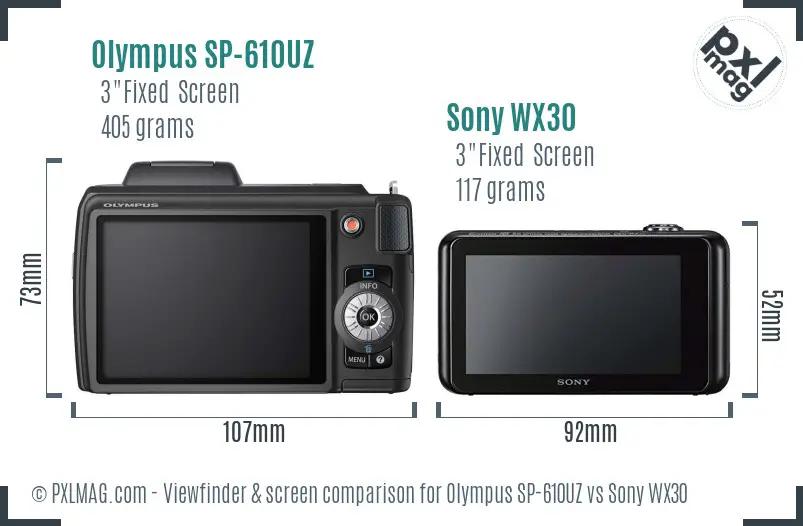 Olympus SP-610UZ vs Sony WX30 Screen and Viewfinder comparison