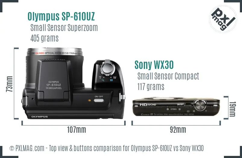 Olympus SP-610UZ vs Sony WX30 top view buttons comparison