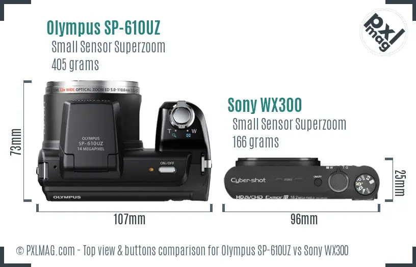 Olympus SP-610UZ vs Sony WX300 top view buttons comparison
