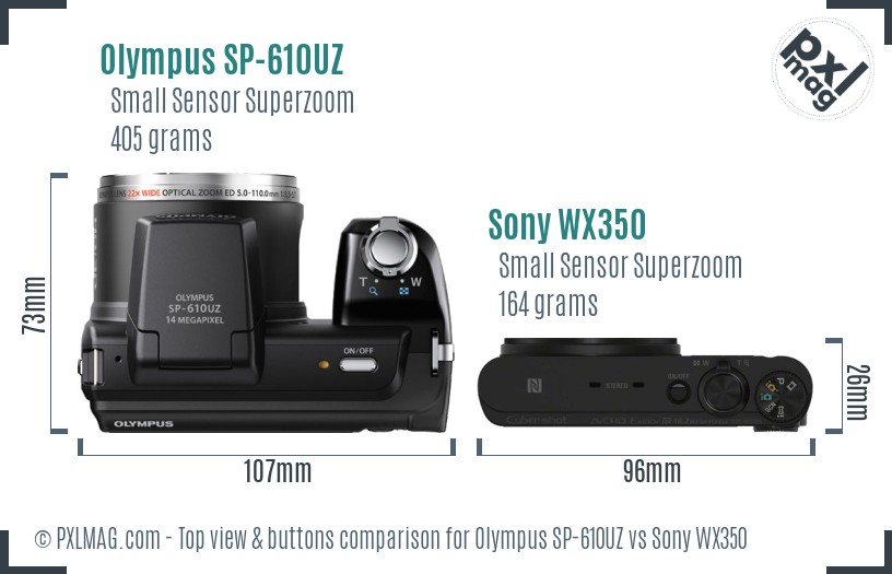 Olympus SP-610UZ vs Sony WX350 top view buttons comparison