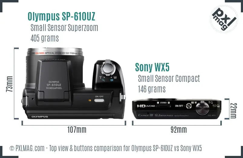 Olympus SP-610UZ vs Sony WX5 top view buttons comparison