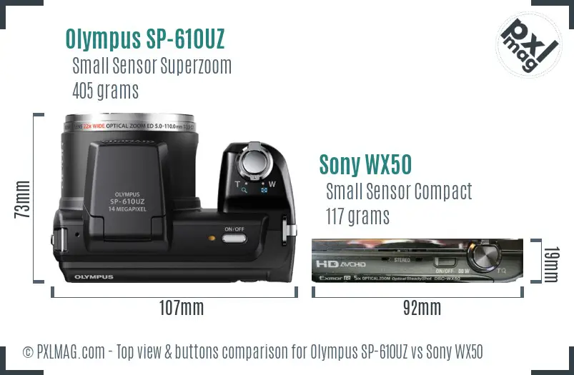 Olympus SP-610UZ vs Sony WX50 top view buttons comparison