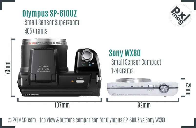 Olympus SP-610UZ vs Sony WX80 top view buttons comparison Olympus SP-610UZ vs Sony WX80 top view buttons comparison