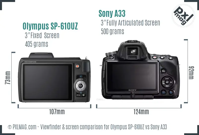 Olympus SP-610UZ vs Sony A33 Screen and Viewfinder comparison