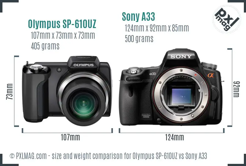 Olympus SP-610UZ vs Sony A33 size comparison