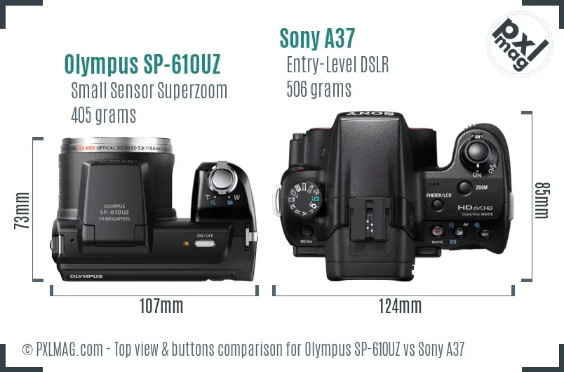Olympus SP-610UZ vs Sony A37 top view buttons comparison