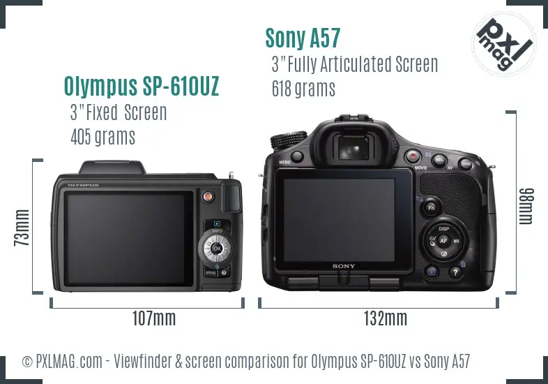 Olympus SP-610UZ vs Sony A57 Screen and Viewfinder comparison