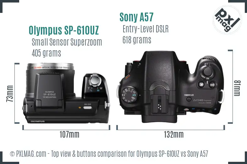 Olympus SP-610UZ vs Sony A57 top view buttons comparison