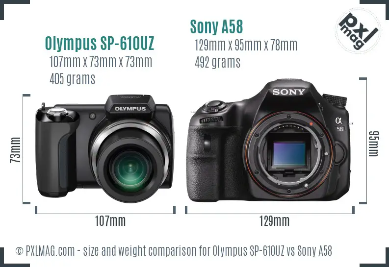 Olympus SP-610UZ vs Sony A58 size comparison Olympus SP-610UZ vs Sony A58 size comparison