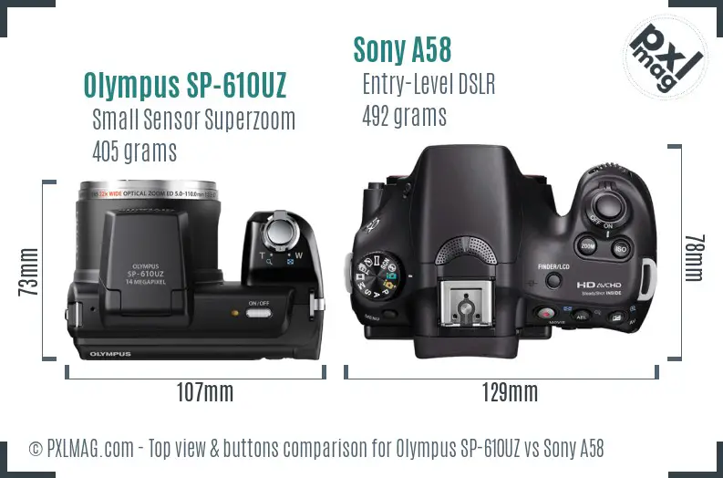 Olympus SP-610UZ vs Sony A58 top view buttons comparison Olympus SP-610UZ vs Sony A58 top view buttons comparison
