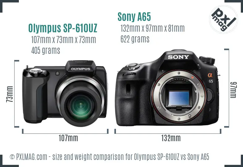 Olympus SP-610UZ vs Sony A65 size comparison