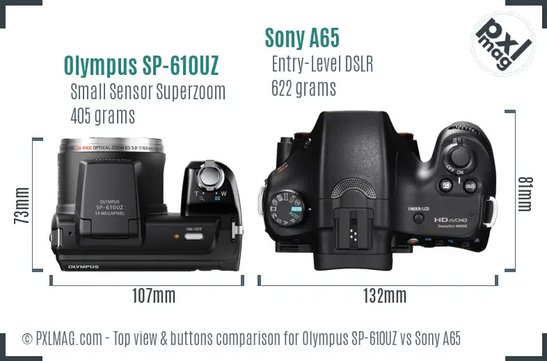Olympus SP-610UZ vs Sony A65 top view buttons comparison