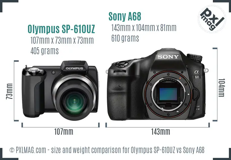 Olympus SP-610UZ vs Sony A68 size comparison