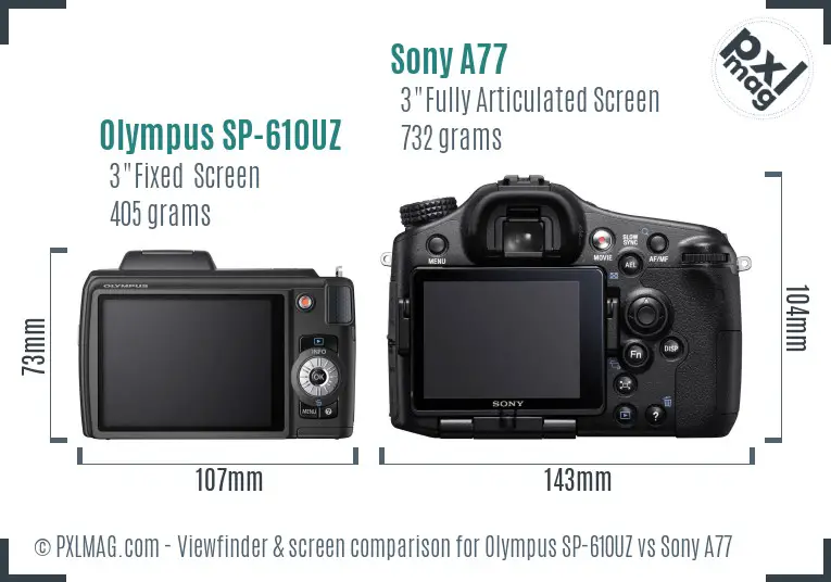 Olympus SP-610UZ vs Sony A77 Screen and Viewfinder comparison