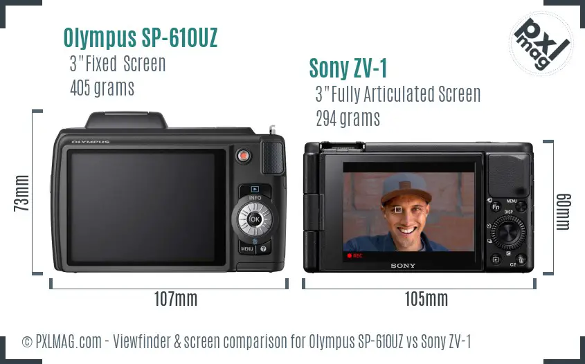 Olympus SP-610UZ vs Sony ZV-1 Screen and Viewfinder comparison
