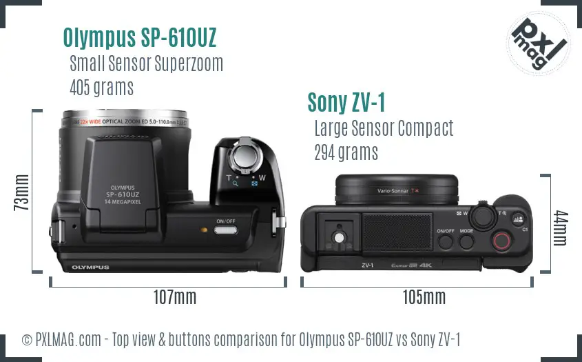 Olympus SP-610UZ vs Sony ZV-1 top view buttons comparison